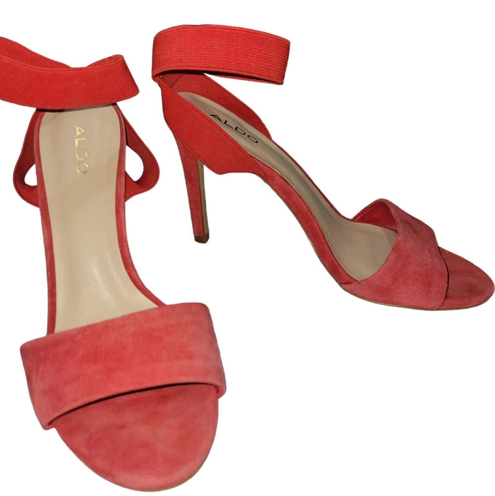 Aldo red Coicia suede and  elastic ankle strap 4" heels holiday
